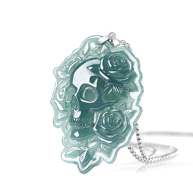 Vintage Necklace - Natural Burmese Jadeite Skull Pendant Necklace